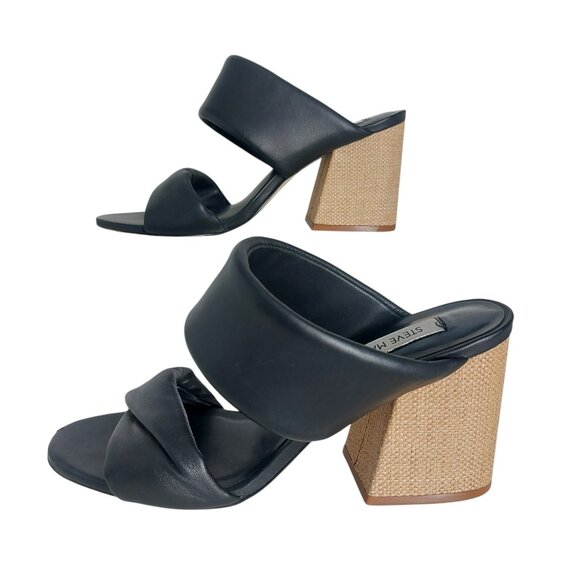 STEVE MADDEN Leather Sandals Sz 8.5 Black Padded Strap Block Heel Brazil REVOLVE - Picture 2 of 16